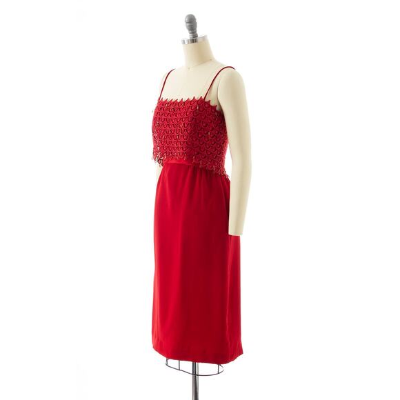 Vintage 1960s Cocktail Dress 60s Beaded Rhinestone Lace Red Sheath Wiggle Party - Picture 3 of 10